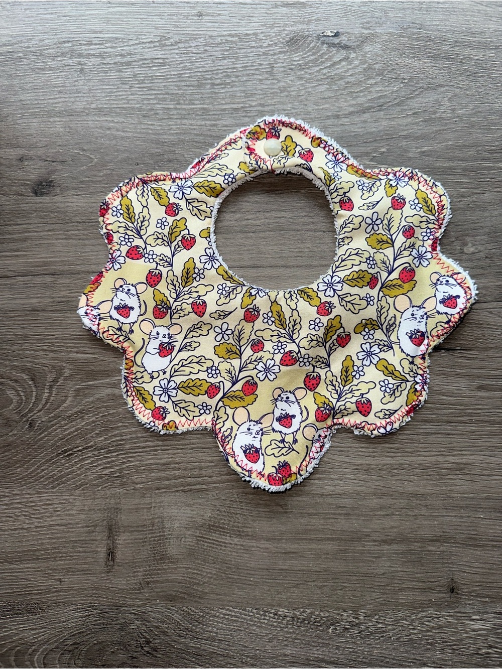 Yellow Floral Baby Bib with Strawberry & Mouse Print